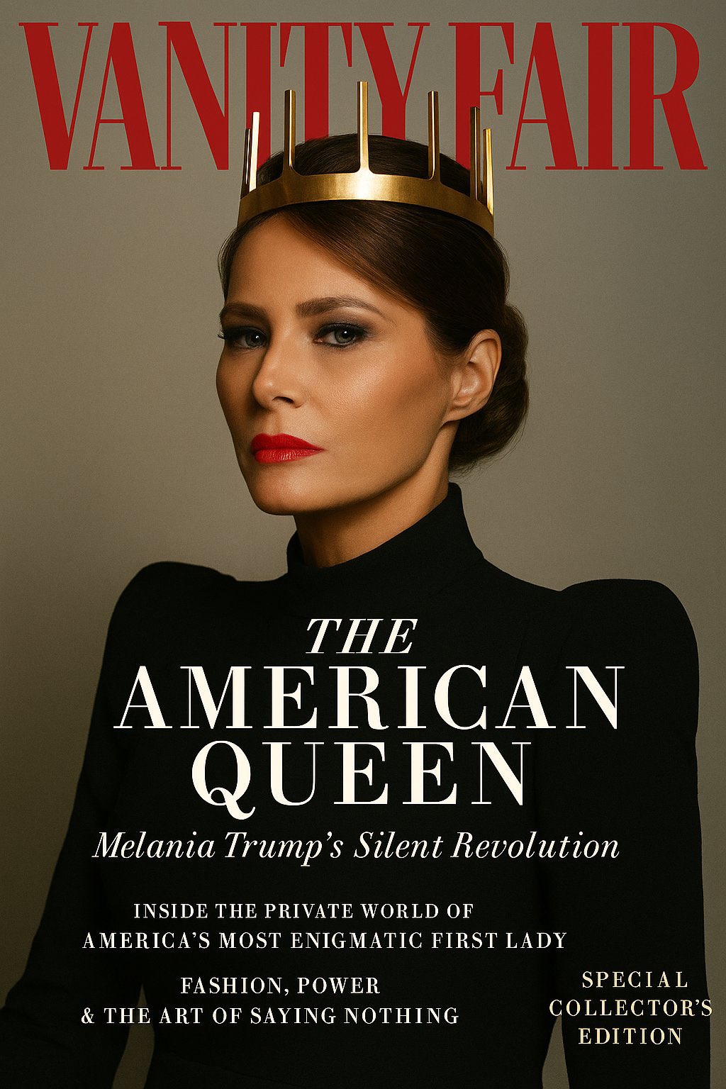 A woman resembling Melania Trump wearing a gold crown on a fabricated Vanity Fair magazine cover.