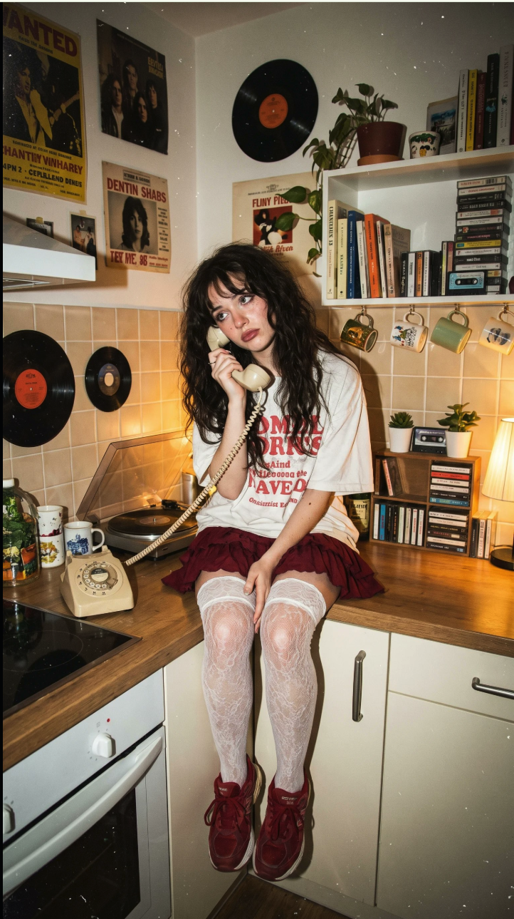A young woman seated on a kitchen counter holding a vintage rotary phone to her ear in a cozy, warmly lit retro-styled kitchen.
