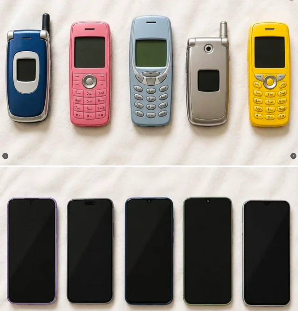 A comparison image showing five vintage mobile phones on top and five modern smartphones on the bottom.
