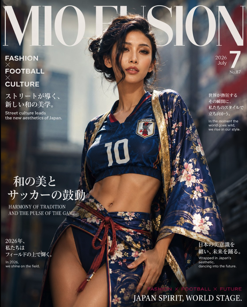 A woman in a Japan national football jersey and floral kimono-style wrap on a magazine cover.
