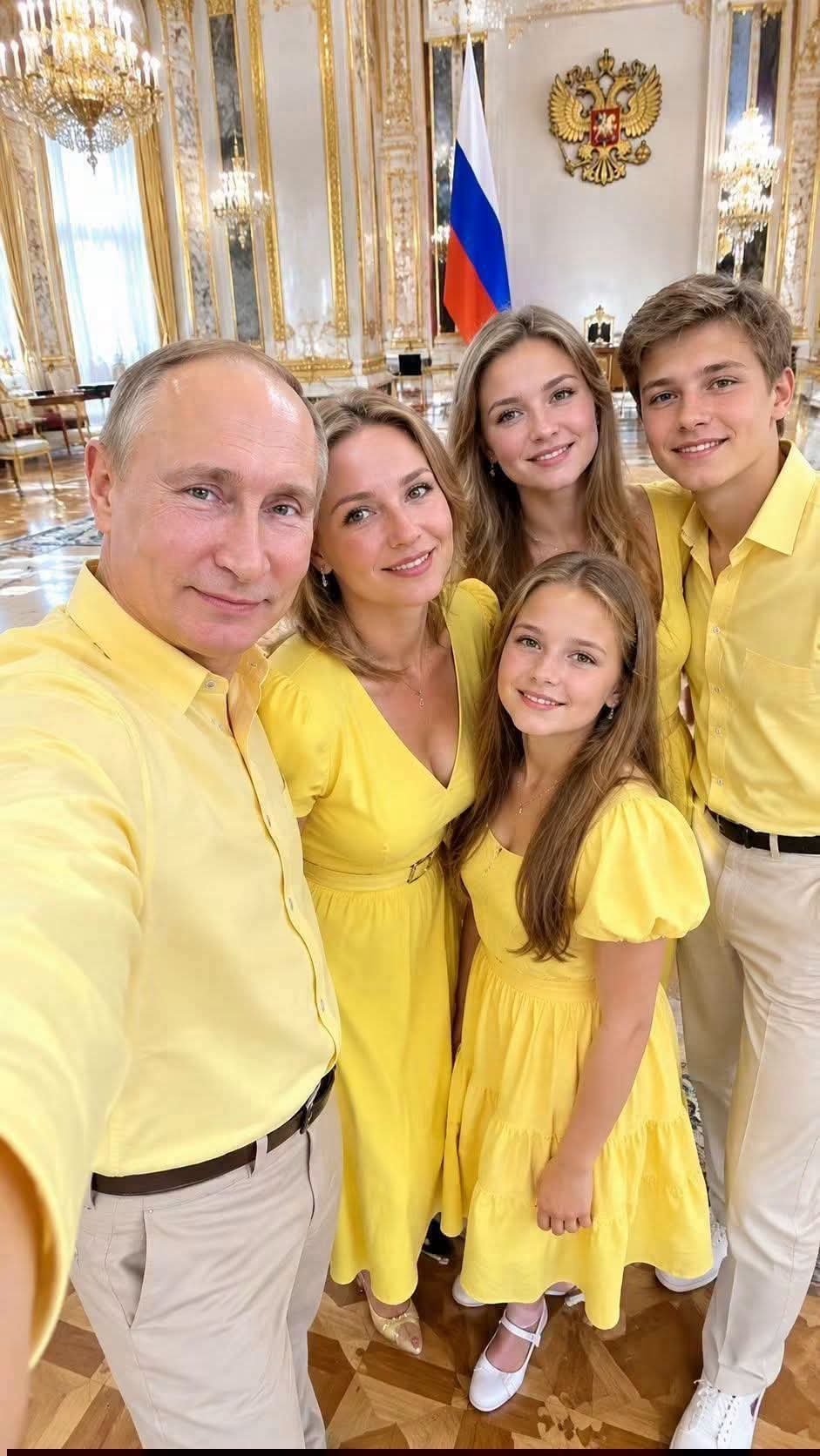 AI Vladimir Putin's family posing for a selfie in an ornate gilded hall with chandeliers and a flag.