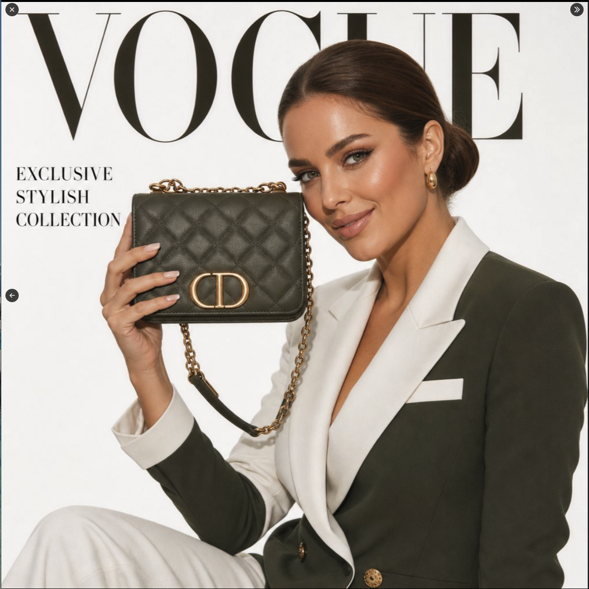 A woman with dark hair in a low bun wearing a dark blazer with white lapels, holding a black quilted Dior handbag, framed by a Vogue cover layout.