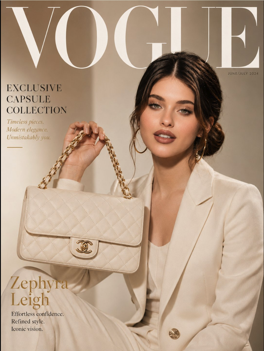 An unidentified woman in an ivory blazer holding a quilted handbag on a Vogue magazine cover.