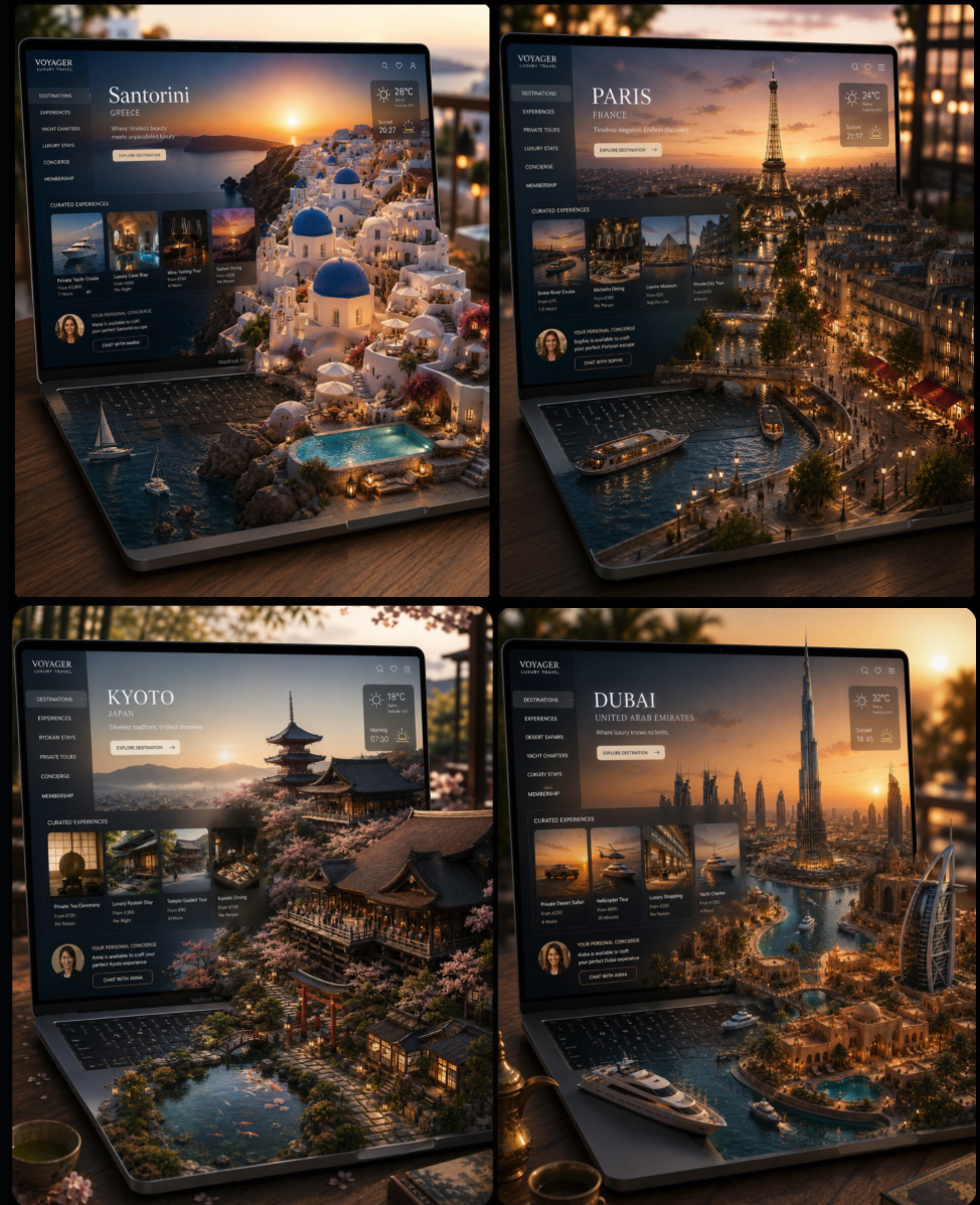 Four laptop screens displaying an AI-generated luxury travel website called Voyager, each showcasing a different global destination.