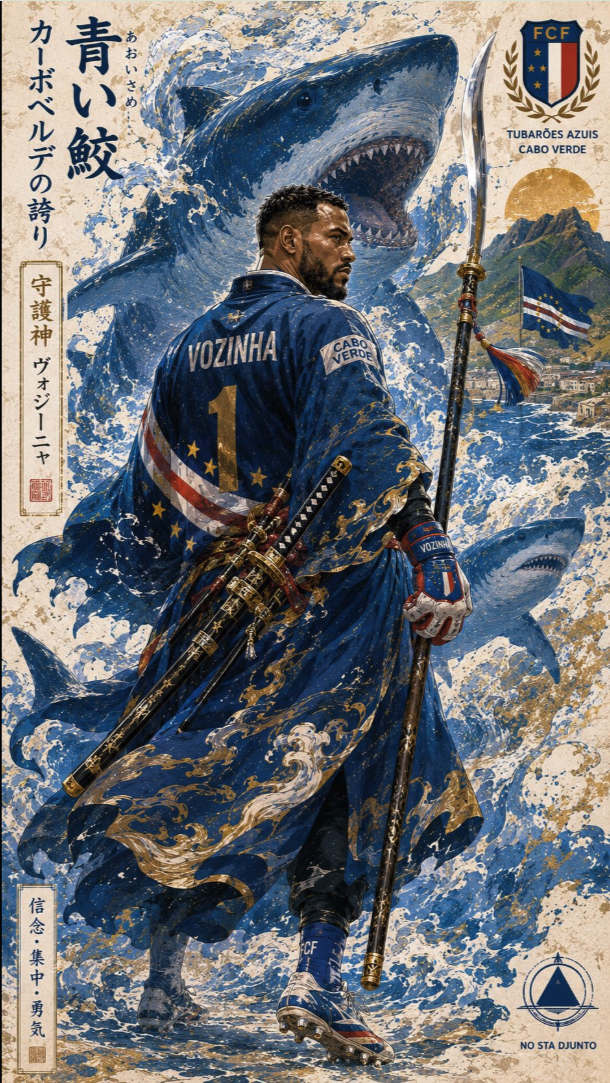 An anime-style illustration of a man resembling Vozinha in a blue samurai outfit, holding a trident amid sharks and waves.