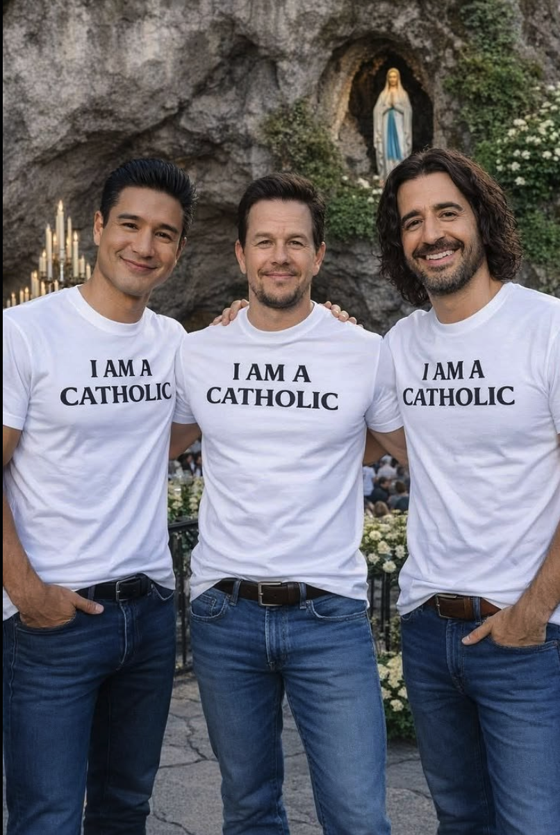 Three men resembling Mark Wahlberg, Mario Lopez, and Jonathan Roumie standing in front of a grotto containing a statue of the Virgin Mary.
