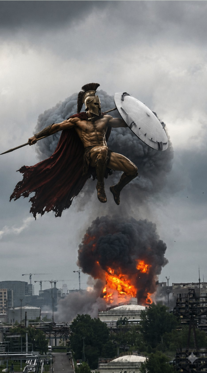 An armored warrior resembling a Greek hoplite leaping through the sky above a large industrial fire.