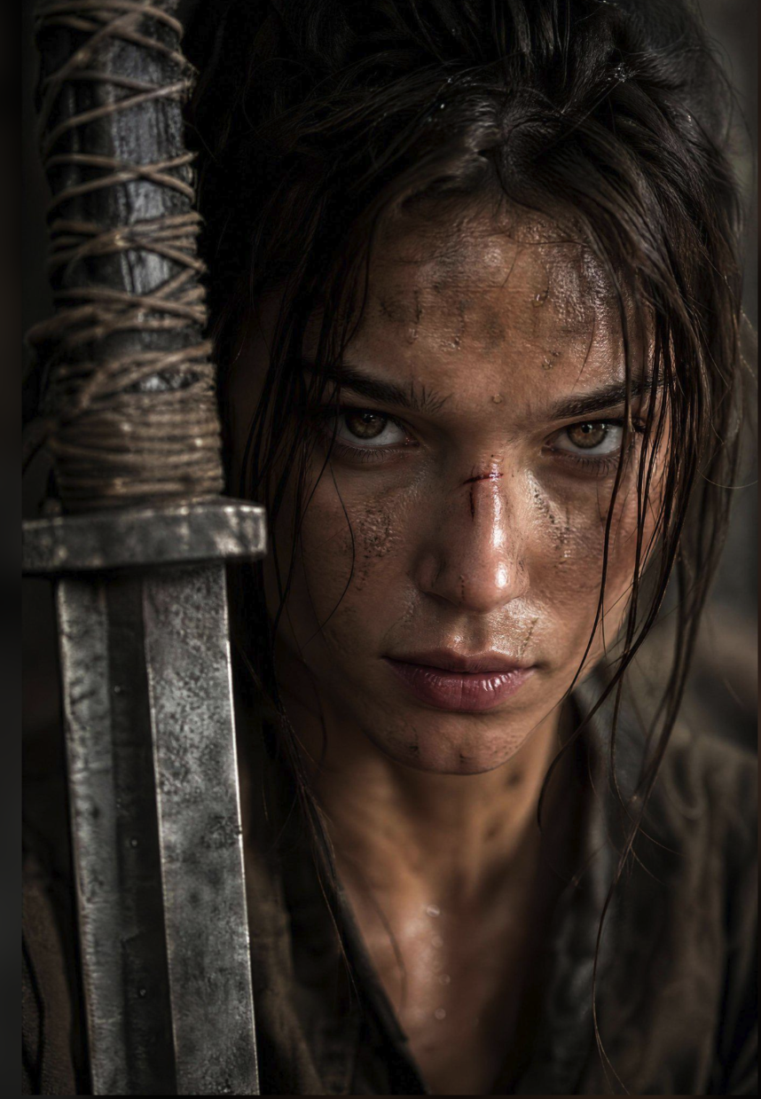 A close-up portrait of a dark-haired woman holding a cord-wrapped sword beside her face.