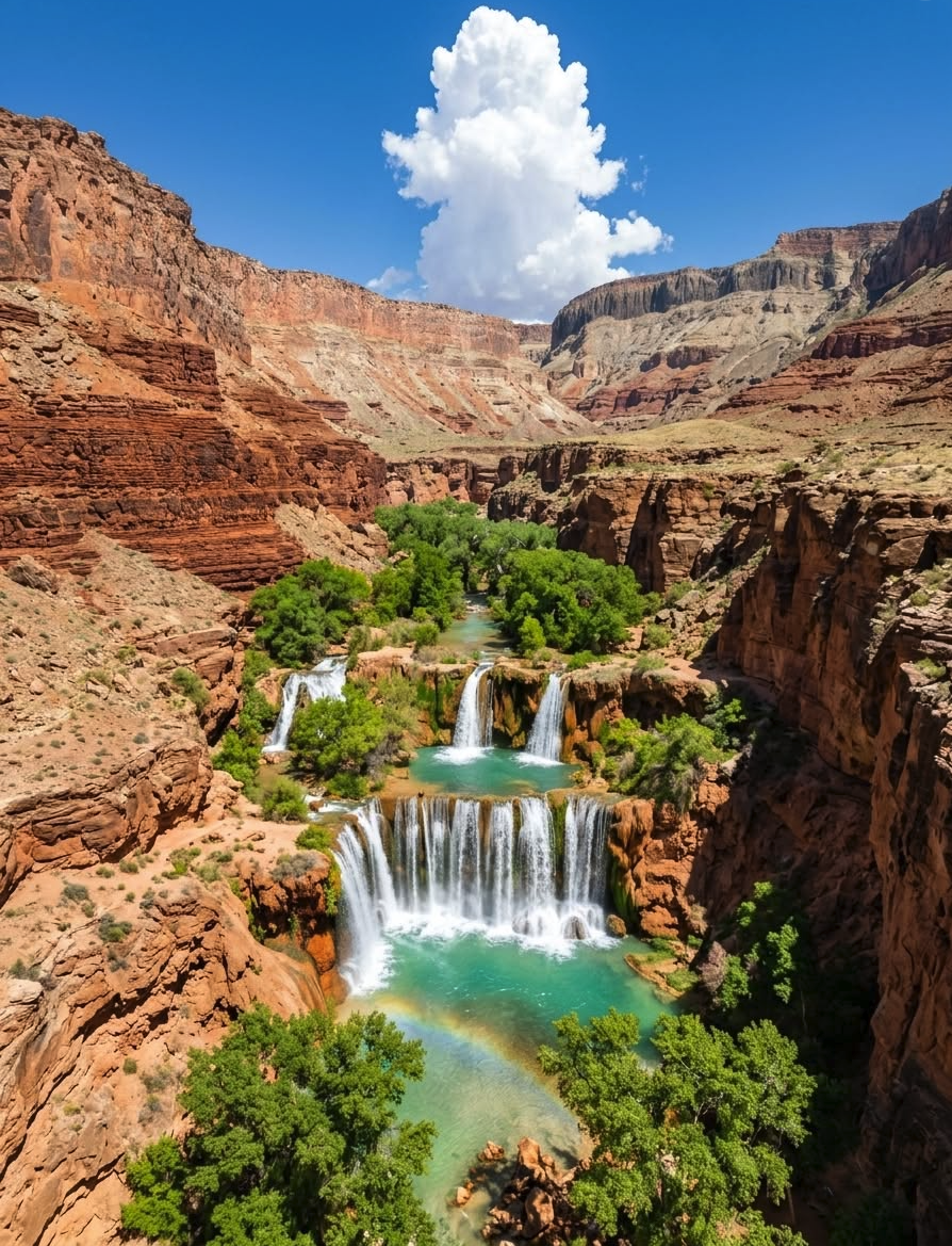 An AI-generated landscape of turquoise waterfalls cascading through red rock canyons, with a rainbow over the pools below.