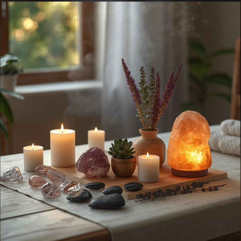 An arrangement of lit candles, a glowing salt lamp, crystals, and a small succulent on a wooden tray near a sunlit window.