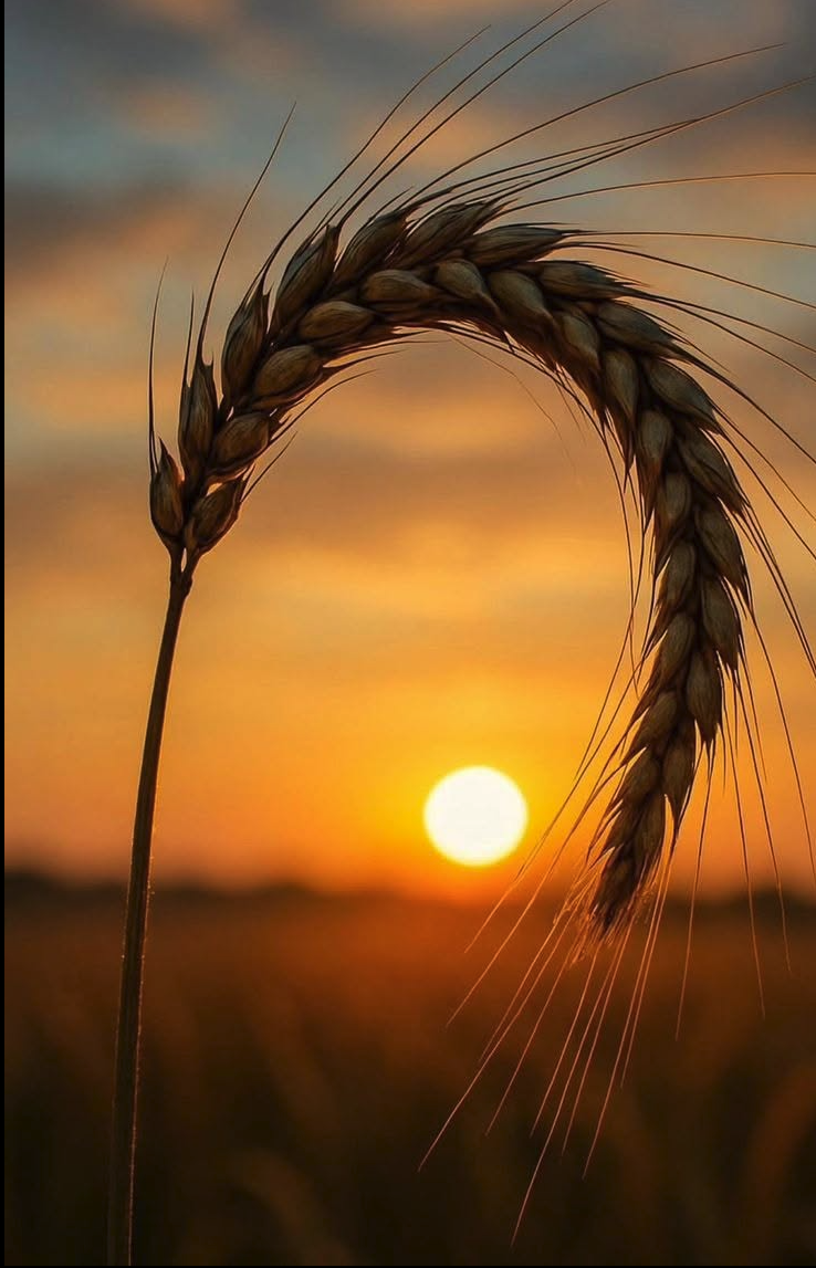 A silhouetted wheat stalk arching in front of an orange sunset sky with the sun near the horizon.