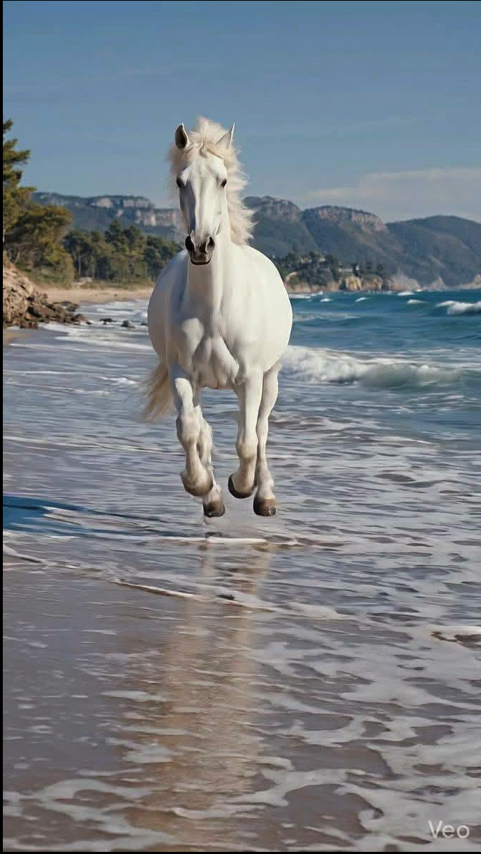 A white horse galloping toward the viewer along a sandy beach, with ocean waves and forested mountains in the background.