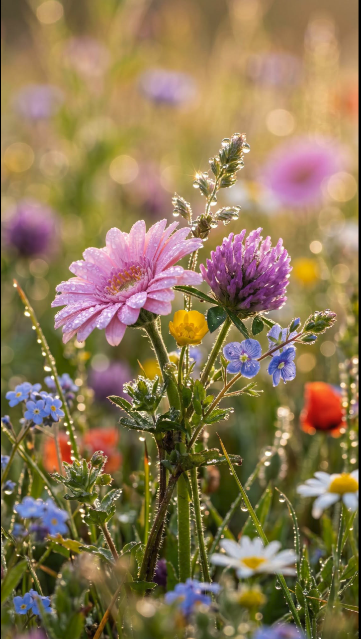 A close-up of mixed wildflowers covered in morning dew, lit by warm golden-hour light.