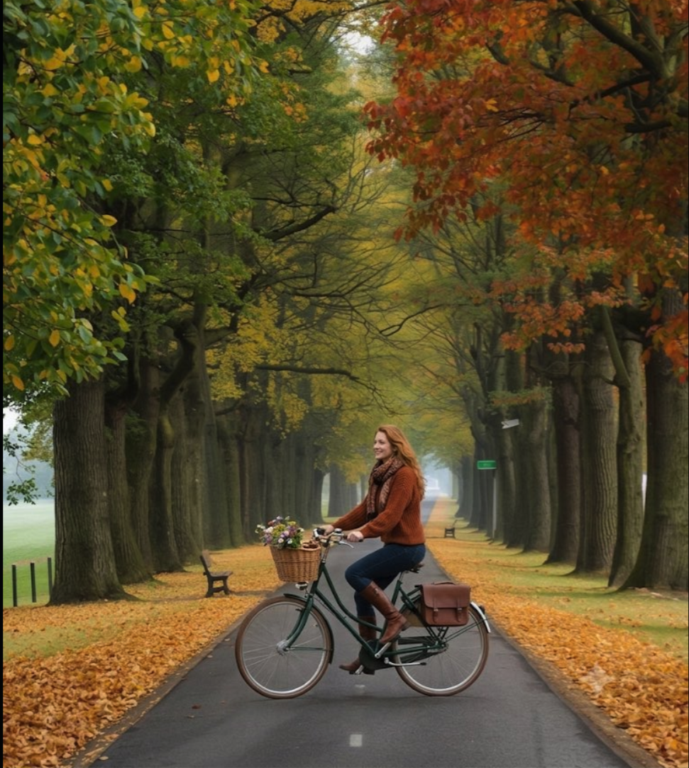 A woman riding a bicycle along a tree-lined autumn path covered in fallen leaves.