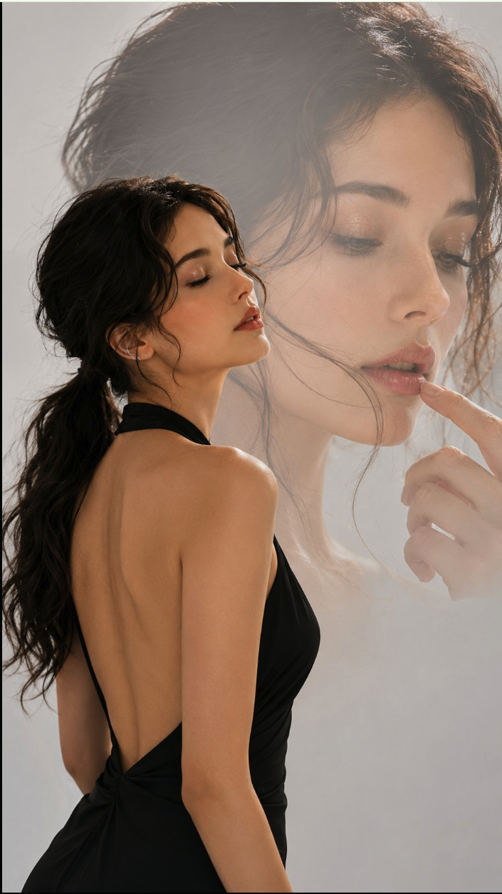 A woman with dark hair in a black backless halter dress, shown in profile with a close-up of her face.