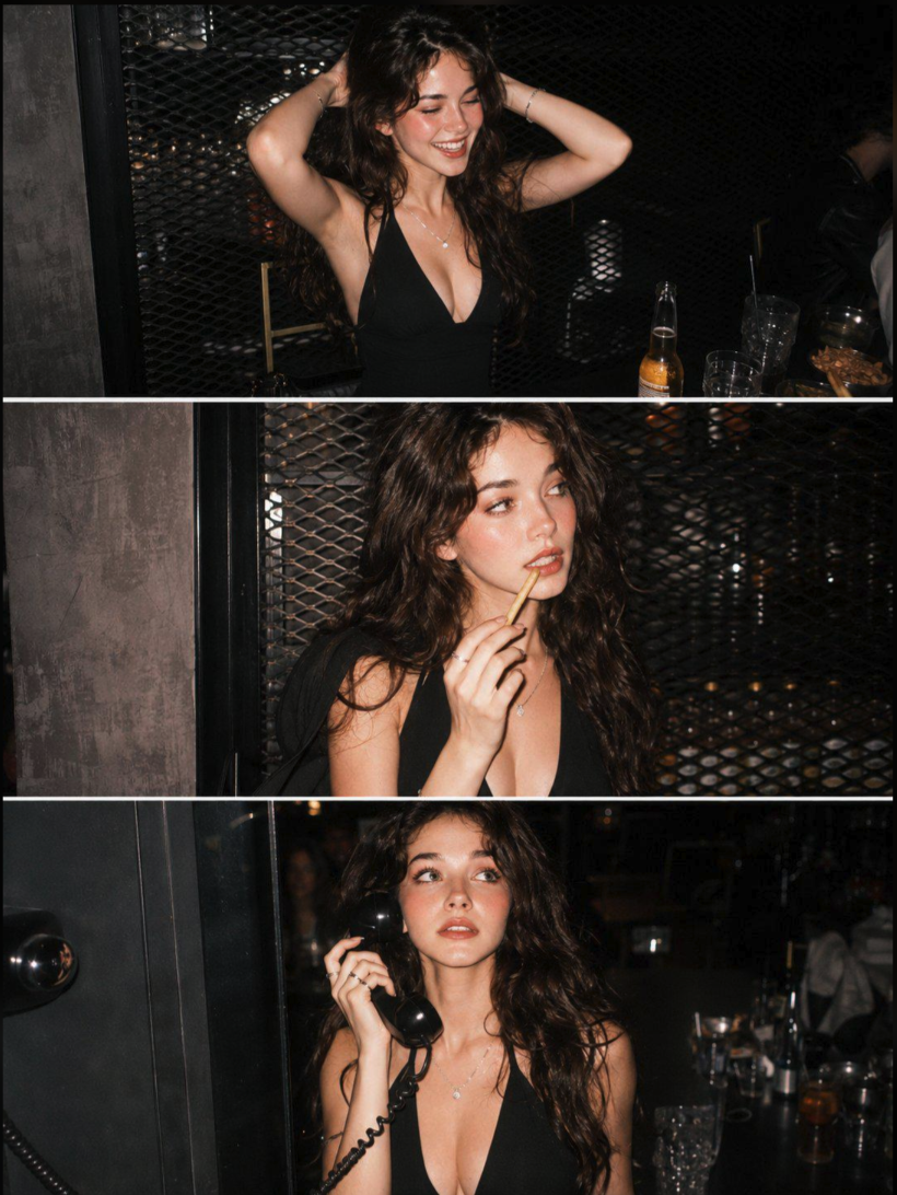 Three-panel image of a young woman with long dark wavy hair at a dimly lit bar, smiling with hands in her hair, eating a french fry, and holding a telephone receiver.