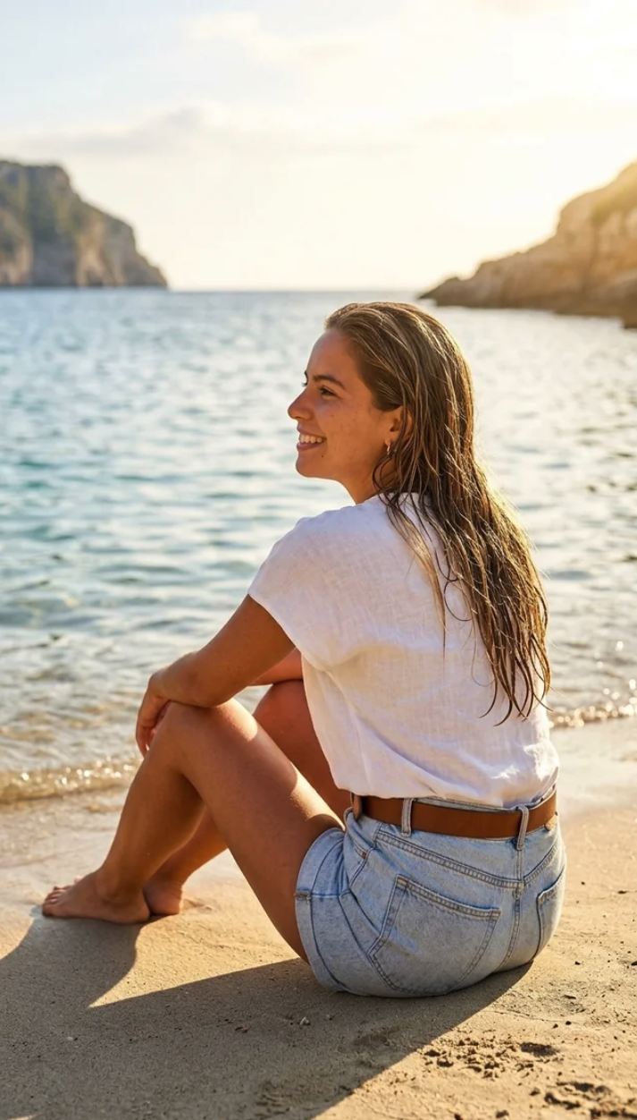 A woman resembling a young adult with wet hair, in a white t-shirt and denim shorts, seated on a beach looking out at the water.