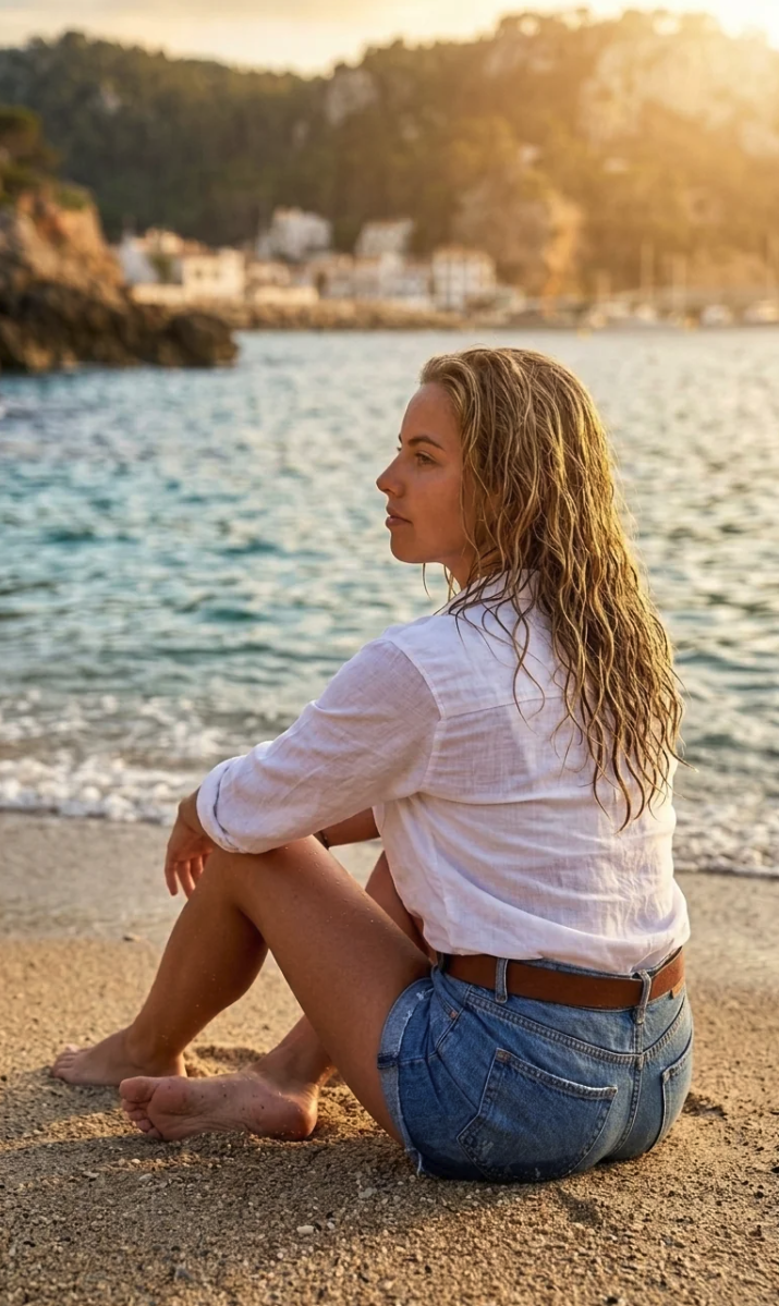 A woman with long wet hair seated on a sandy beach at sunset, looking out at the ocean.