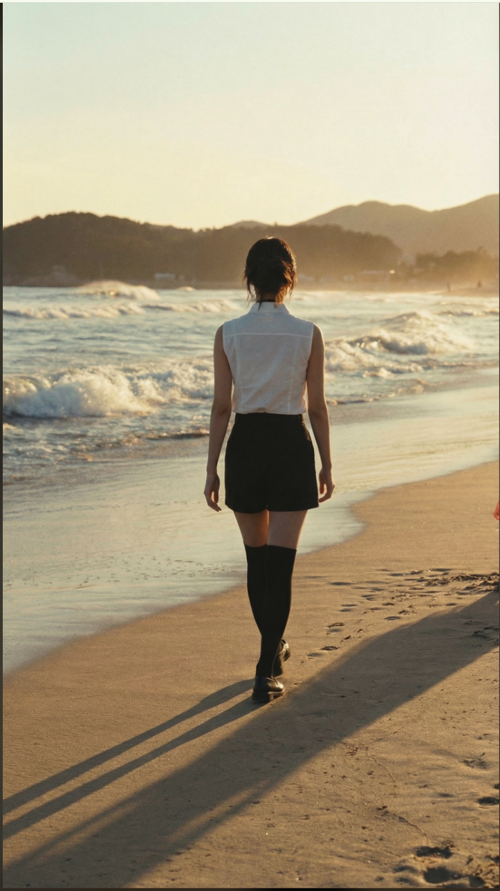 A woman in a white sleeveless top and black shorts walking along a beach at sunset, viewed from behind.