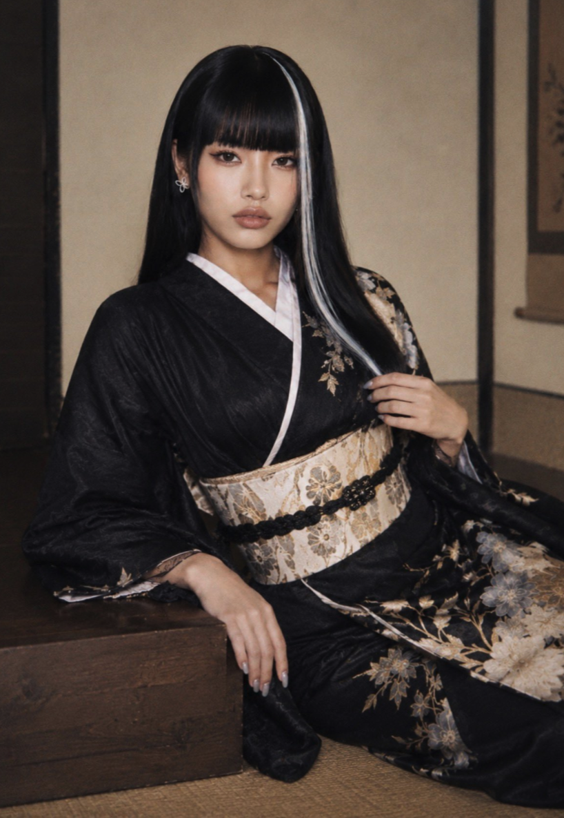A woman with long black hair seated in a black floral kimono inside a traditional Japanese room.