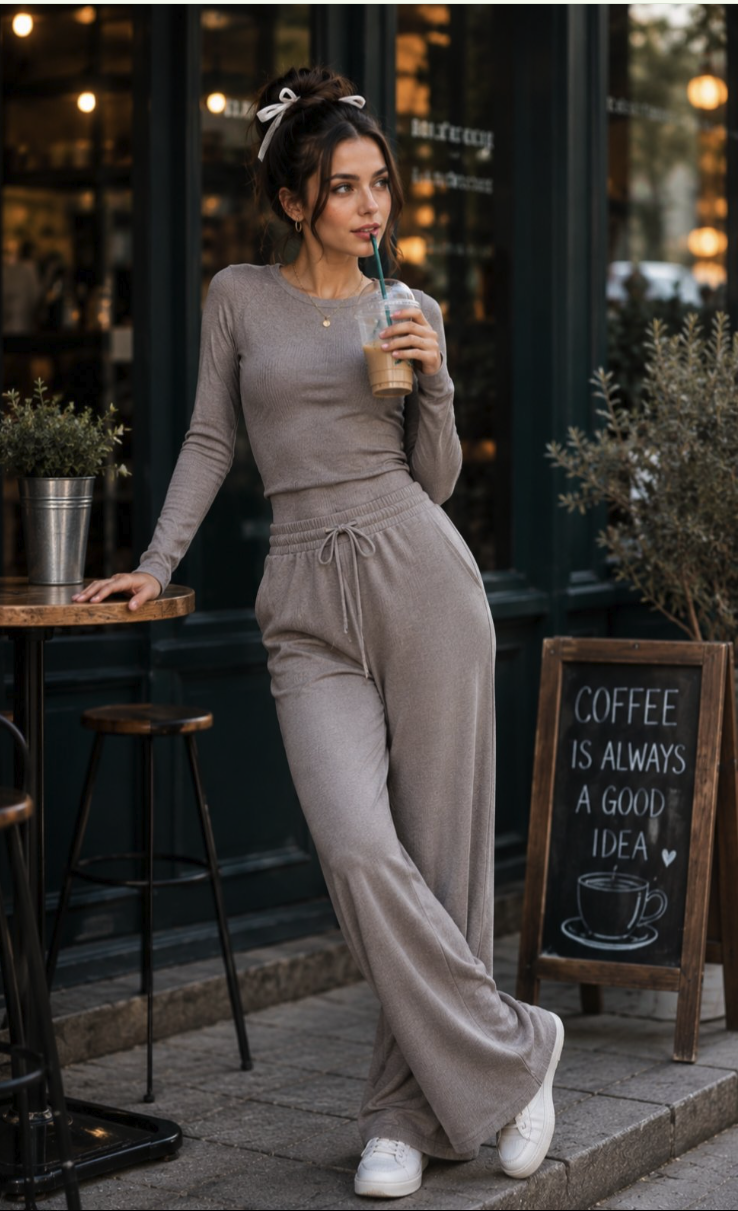 A woman with dark hair in a white bow, wearing a grey loungewear set and holding an iced coffee beside a café chalkboard.