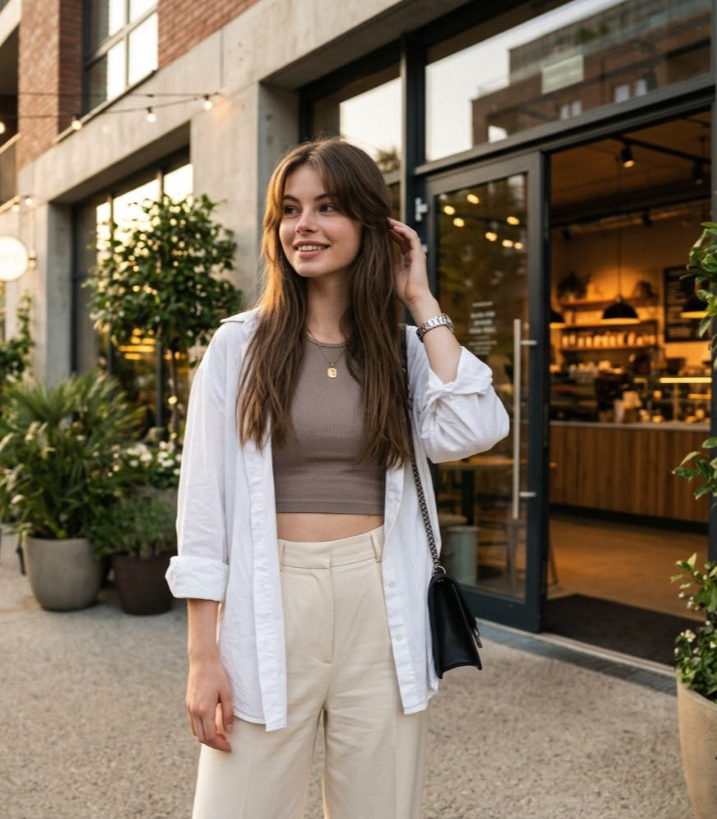 An unidentified woman with long brown hair wearing a white shirt over a brown top and beige pants outside a glass-fronted café.
