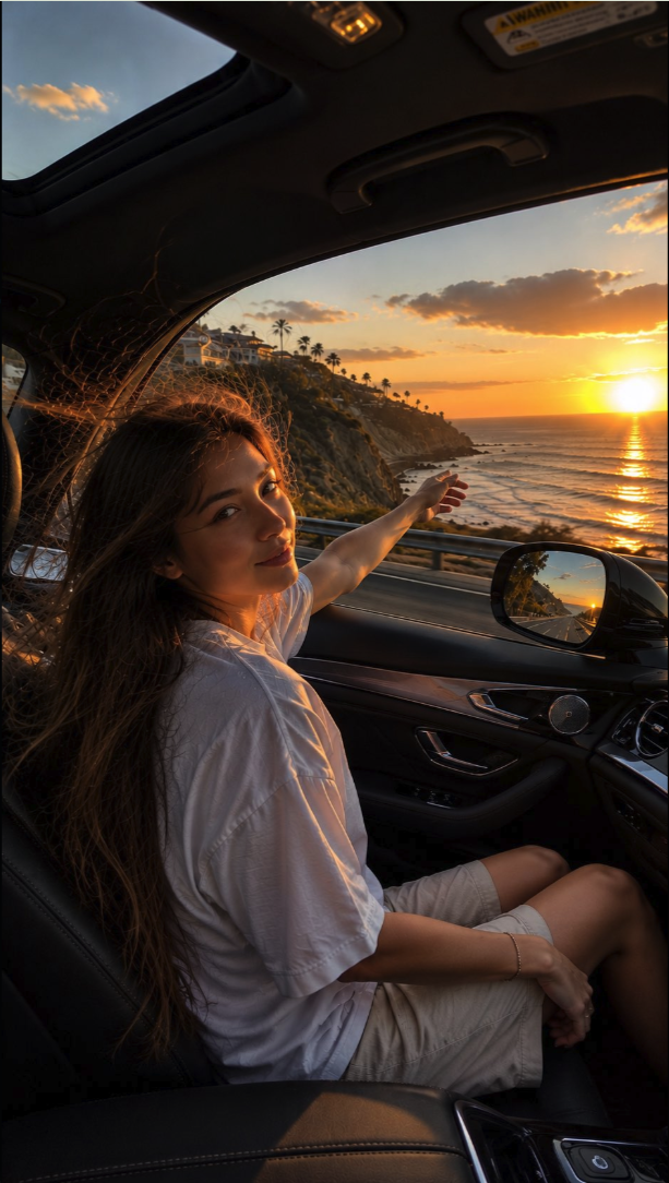 A woman seated inside a car at sunset, looking out the window toward a coastal view.