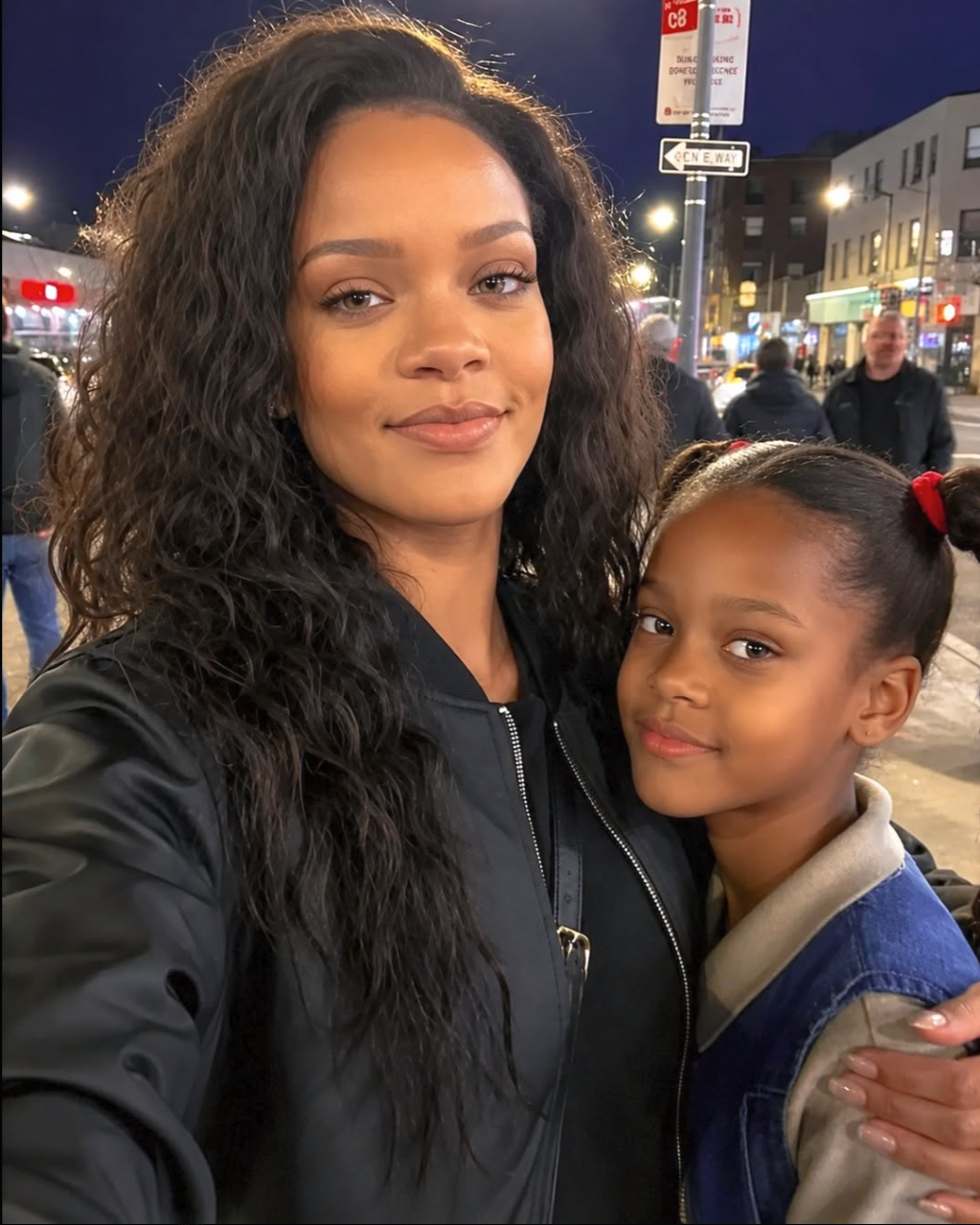 Rihanna with long curly hair holding her young child on a city street at night.