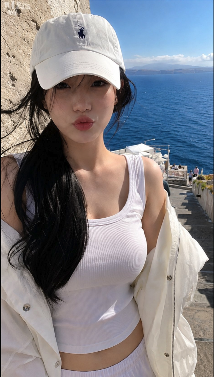 A woman in a white cap and tank top taking a selfie at a coastal viewpoint overlooking the sea.