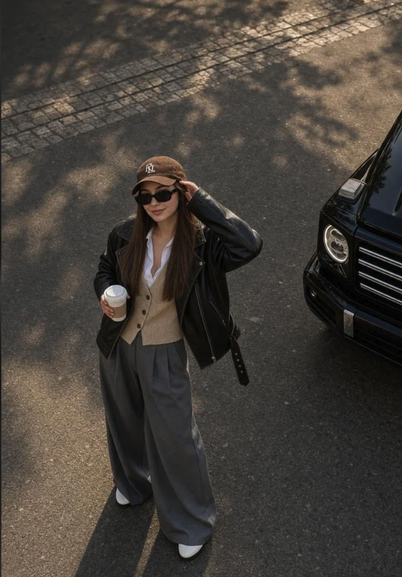 A woman wearing a cap, sunglasses, and leather jacket holding a coffee cup beside a black SUV on a paved street.