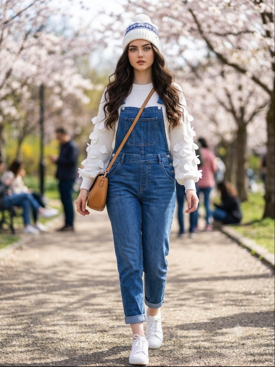 A woman in denim overalls, a white knit beanie, and a textured sweater walking along a path beneath blooming cherry blossom trees.