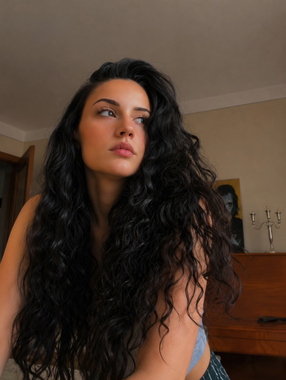 A woman with long dark wavy hair posing indoors in a domestic interior.