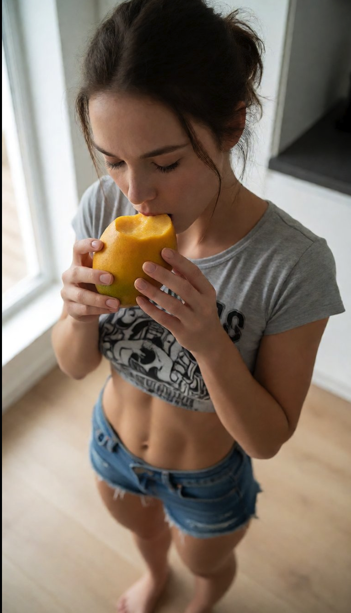 A woman with dark hair wearing a gray cropped t-shirt and denim shorts, biting into a yellow mango indoors.