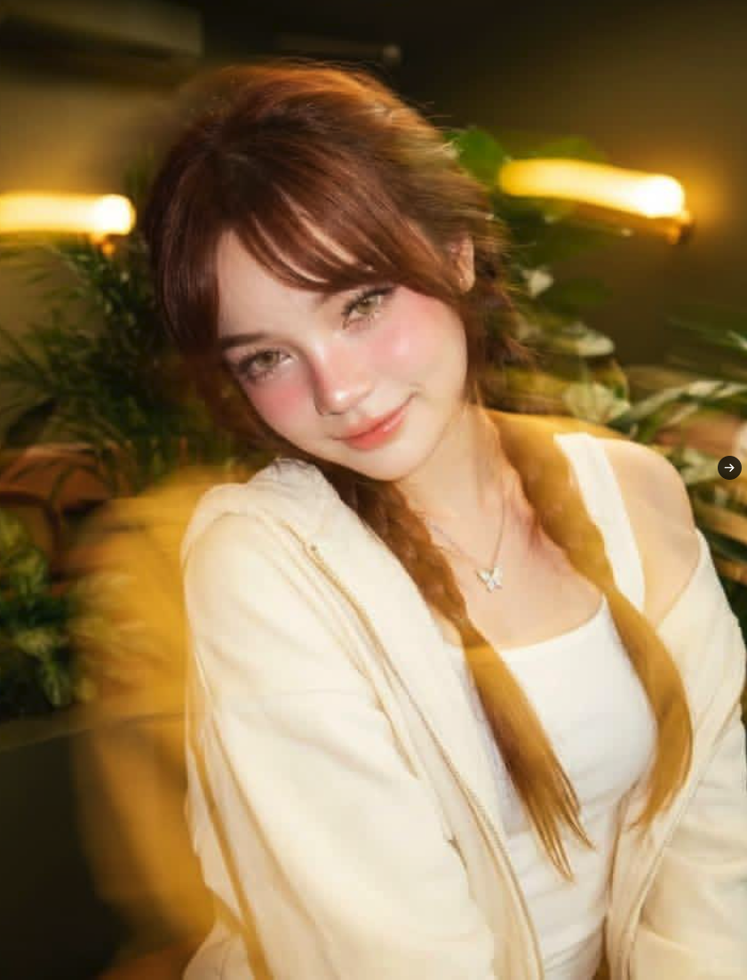 A woman with reddish-brown braided hair posing indoors among plants under warm lighting.
