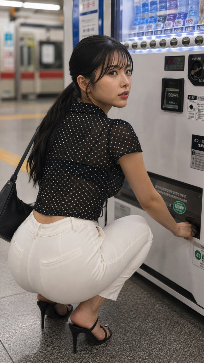A woman crouching beside a Japanese beverage vending machine indoors.