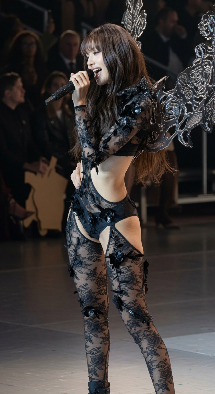 A woman resembling woman performing on stage in a black floral lace bodysuit, holding a microphone.