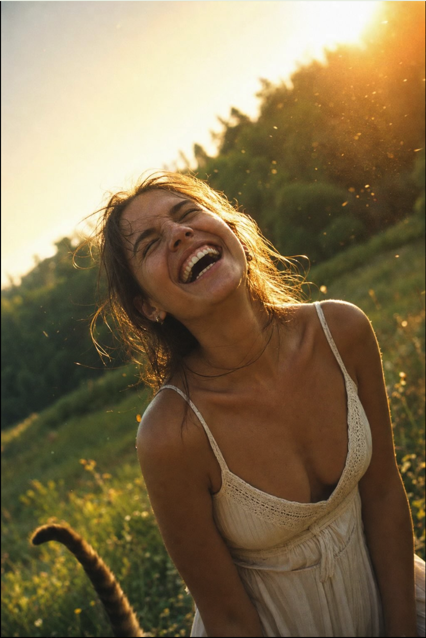 A woman in a cream-colored dress laughing outdoors, her face lit by warm golden sunset light.