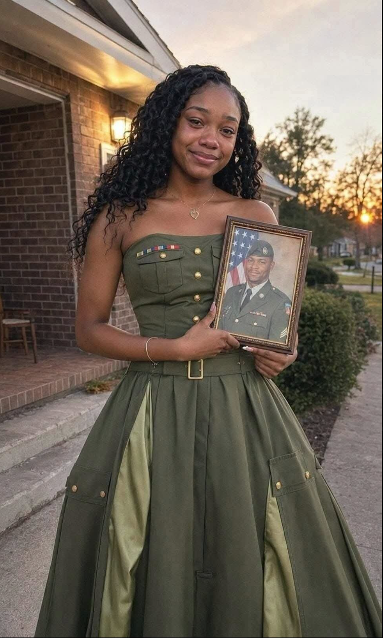 A young woman in an olive-green military-style dress holding a framed portrait of a soldier in dress uniform outdoors at sunset.