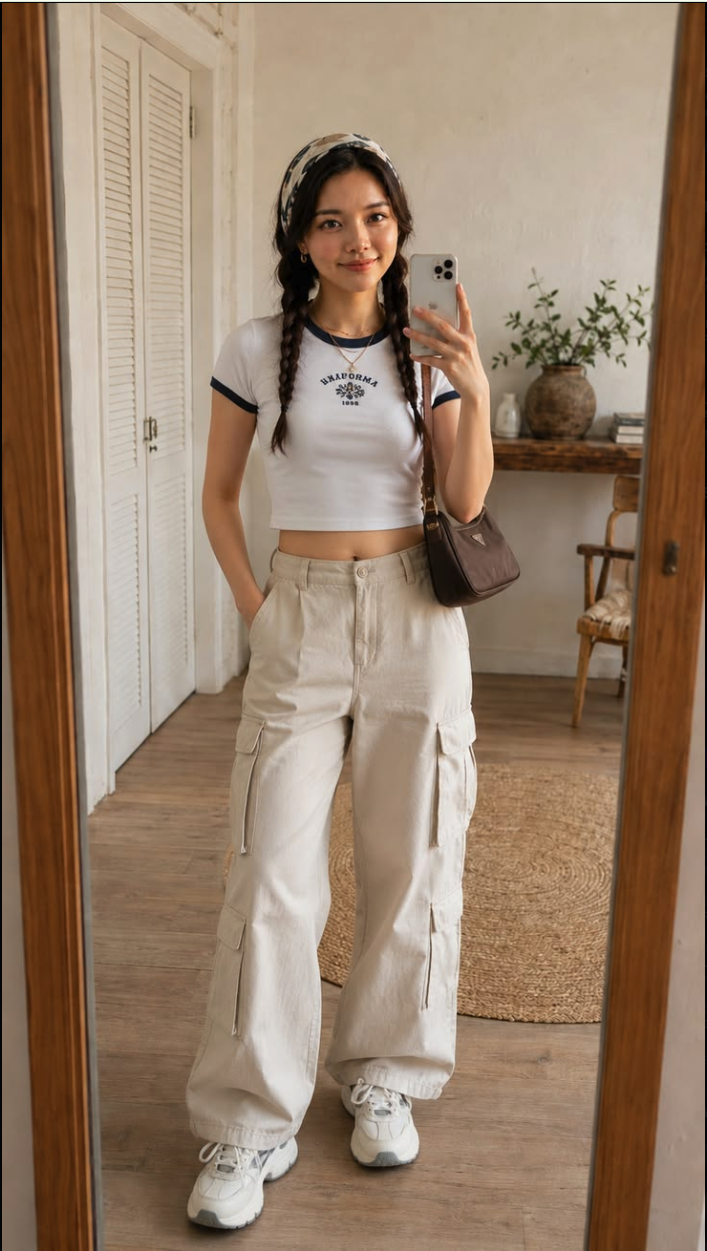 An unidentified woman in a cropped white t-shirt and beige cargo pants taking a mirror selfie in a styled home interior.
