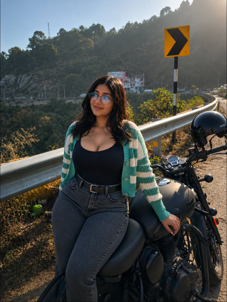An unidentified woman with glasses and a striped cardigan seated on a black motorcycle on a mountain road.