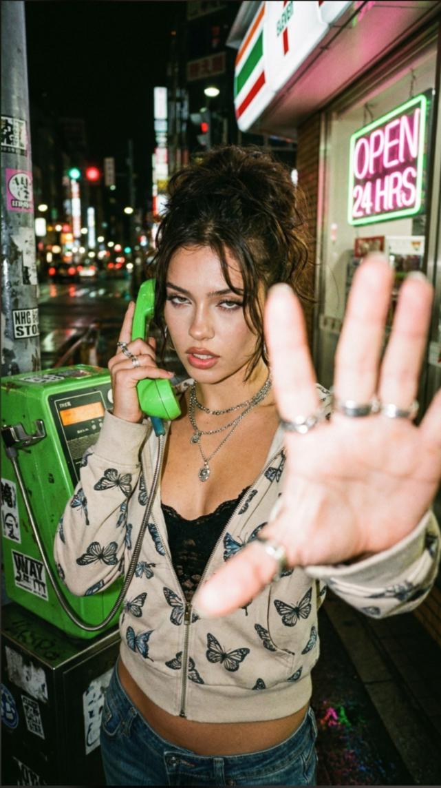 An AI-generated image appearing to show a woman using a green payphone outside a 7-Eleven at night, holding her hand toward the camera.