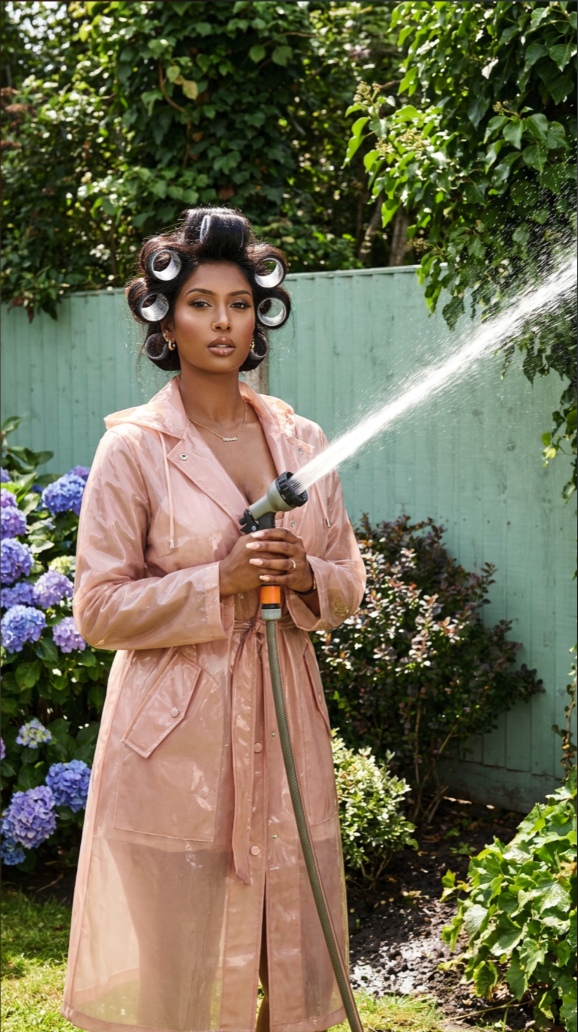 A woman with hair curlers wearing a translucent pink raincoat, spraying water from a garden hose in a flower garden.