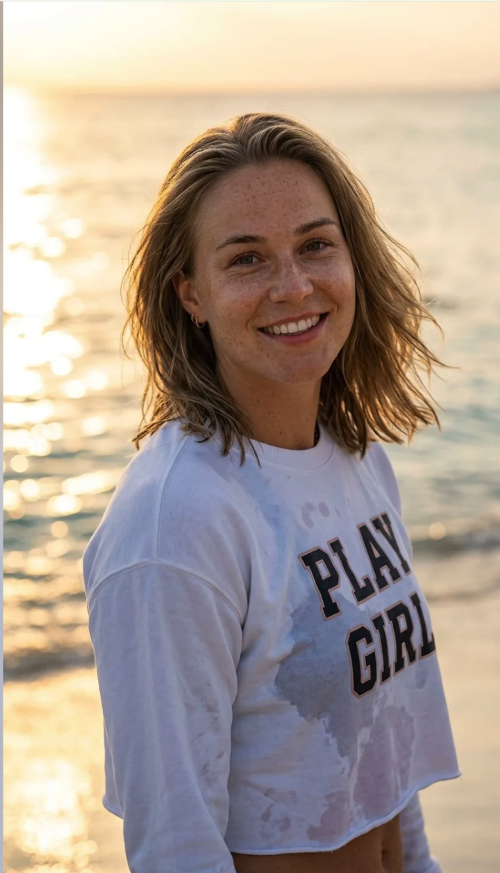 An unidentified woman in a cropped white 'PLAY GIRL' shirt smiling at the beach at sunset.
