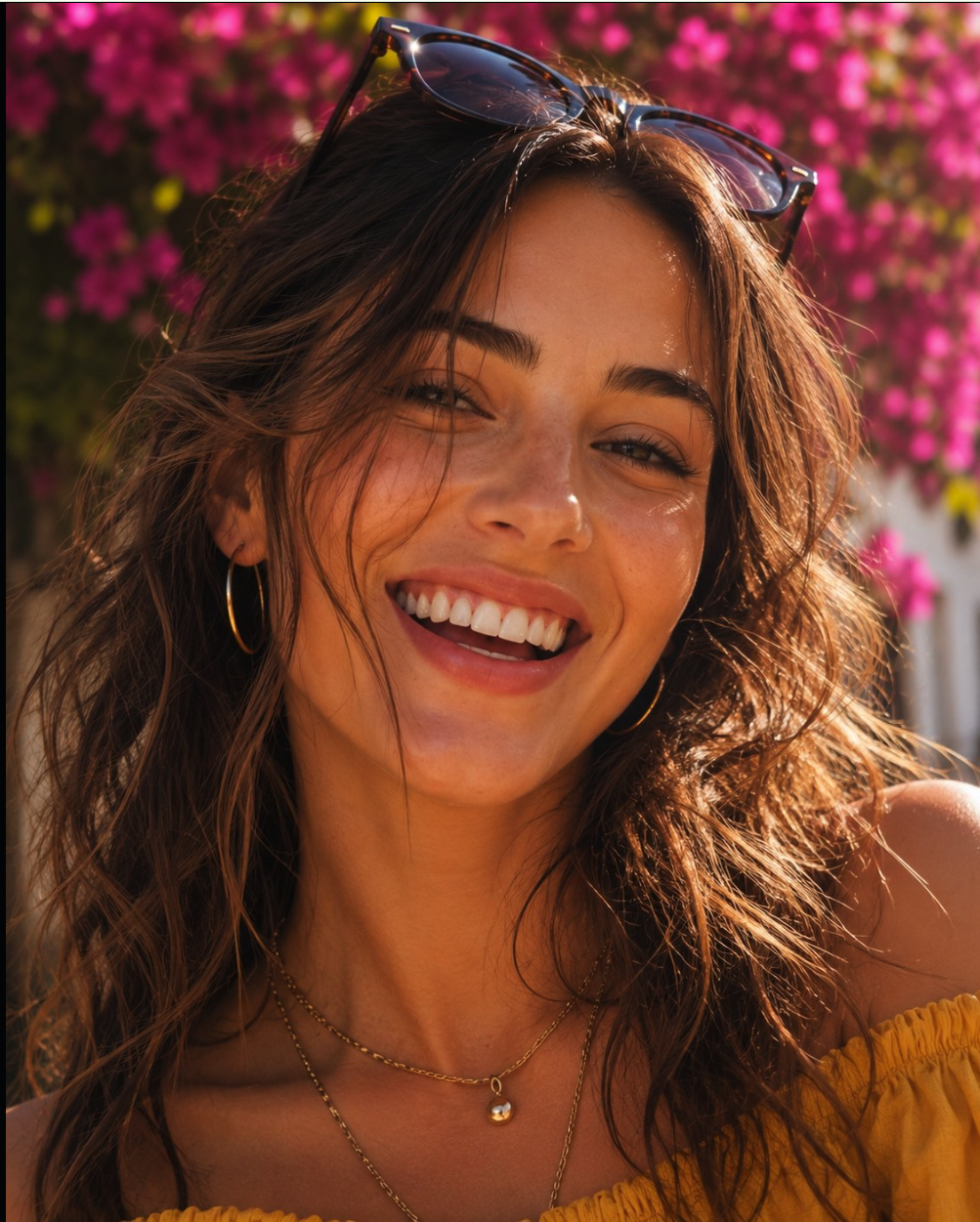 A smiling woman with long brown hair, sunglasses perched on her head, wearing a yellow off-shoulder top and gold jewelry.