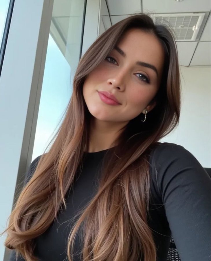 A woman, AI, in a selfie-style portrait, wearing a black top with long brown hair.