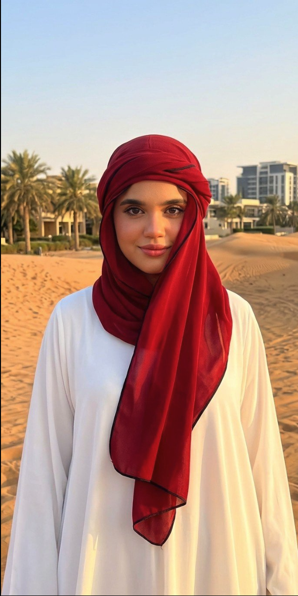 An unidentified woman wearing a red hijab and a flowing white garment, standing on sand with palm trees and modern buildings in the background.