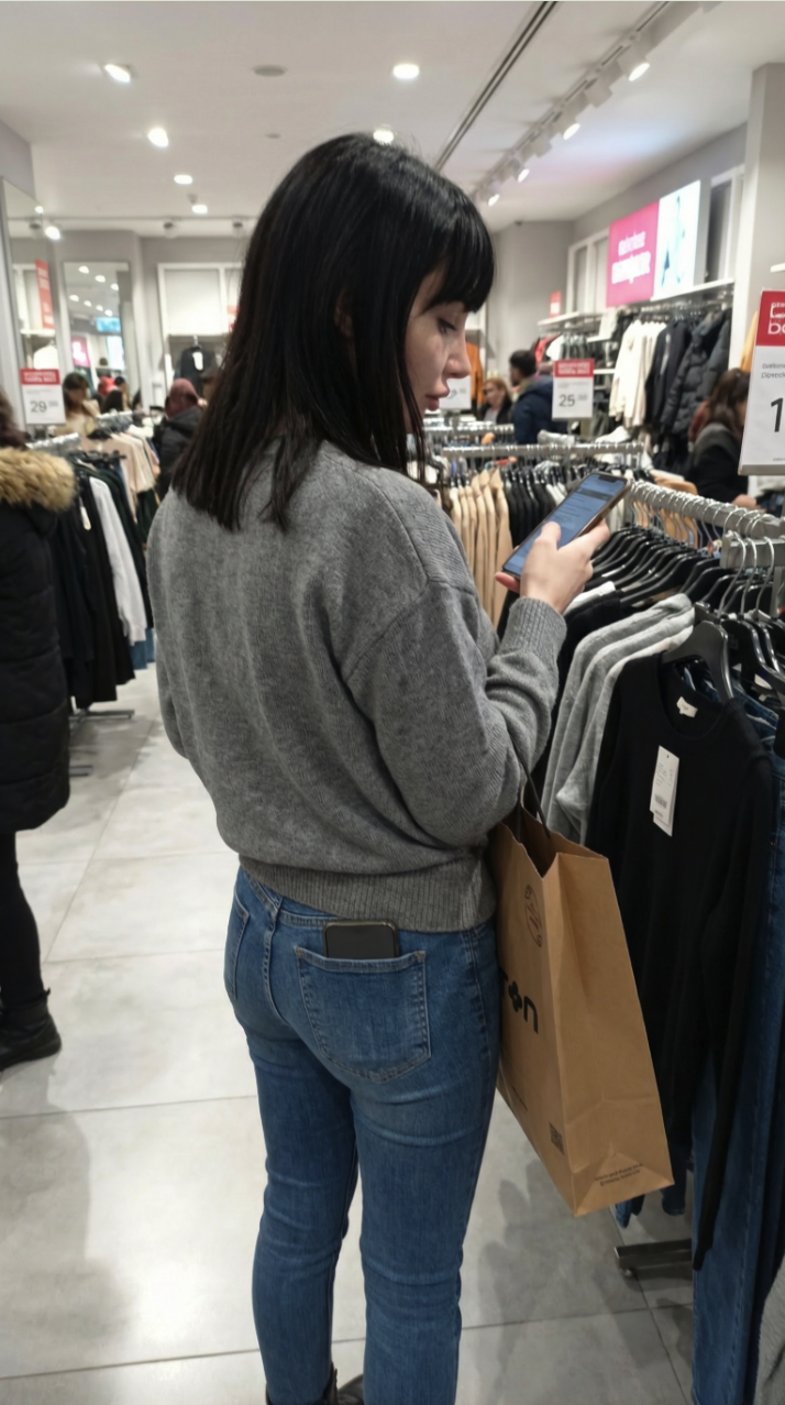 A woman in a gray sweater standing in a clothing store, looking at her phone while holding a brown shopping bag.