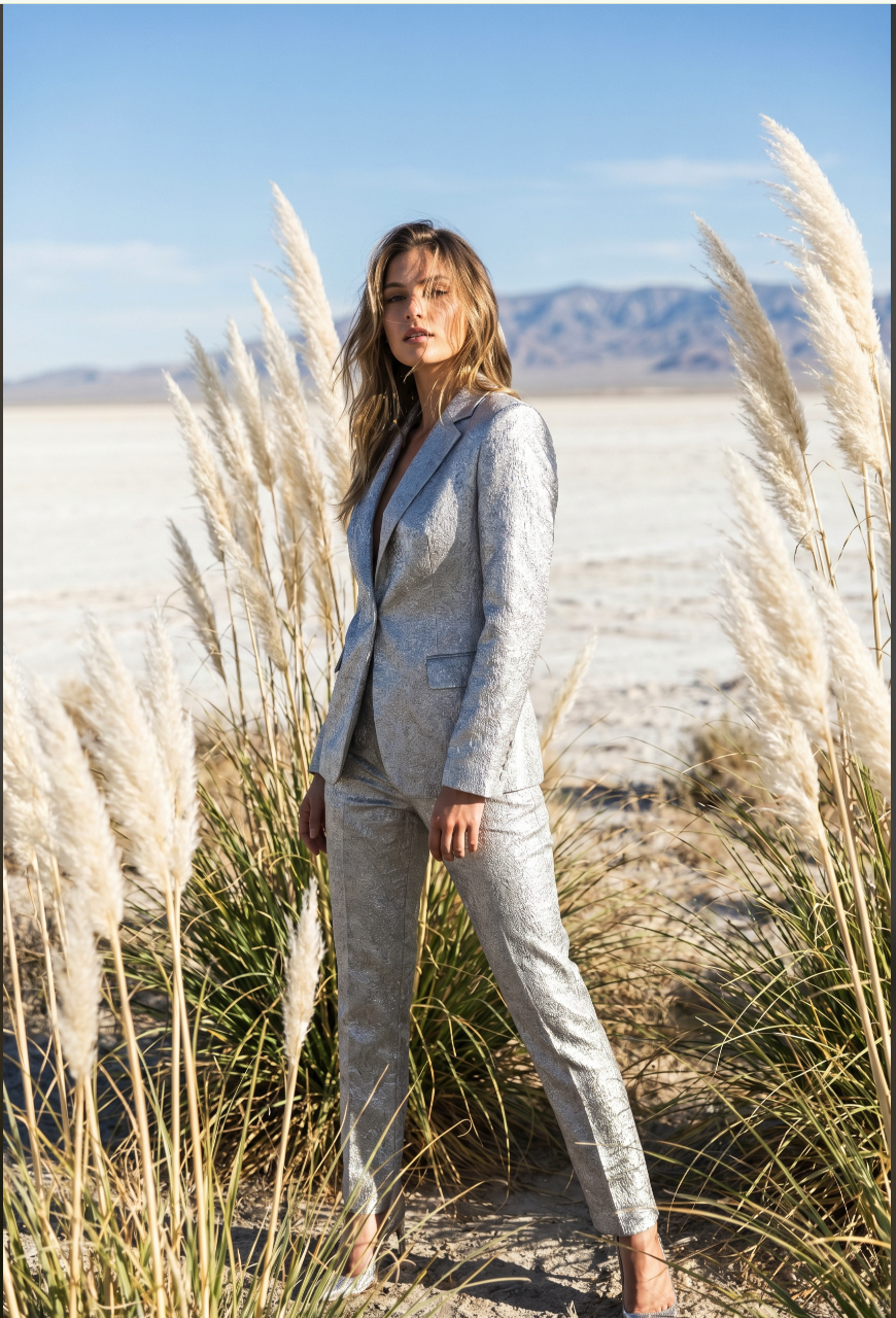 A woman in a shimmering silver blazer suit standing among tall pampas grass in a flat desert landscape with mountains in the background.