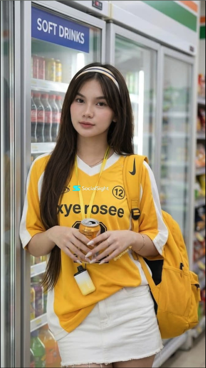 A young woman in a yellow sports jersey holding a soda can in front of a soft drinks cooler.