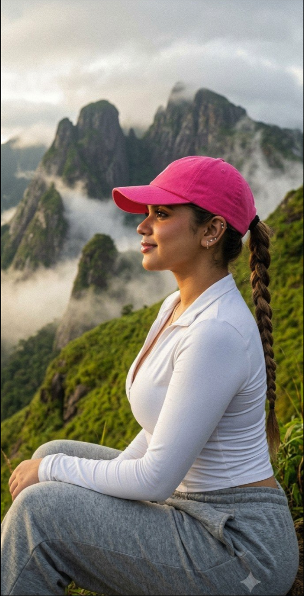 An unidentified woman in a pink cap and white athletic top seated on a hillside before Rio de Janeiro's Sugarloaf Mountain.